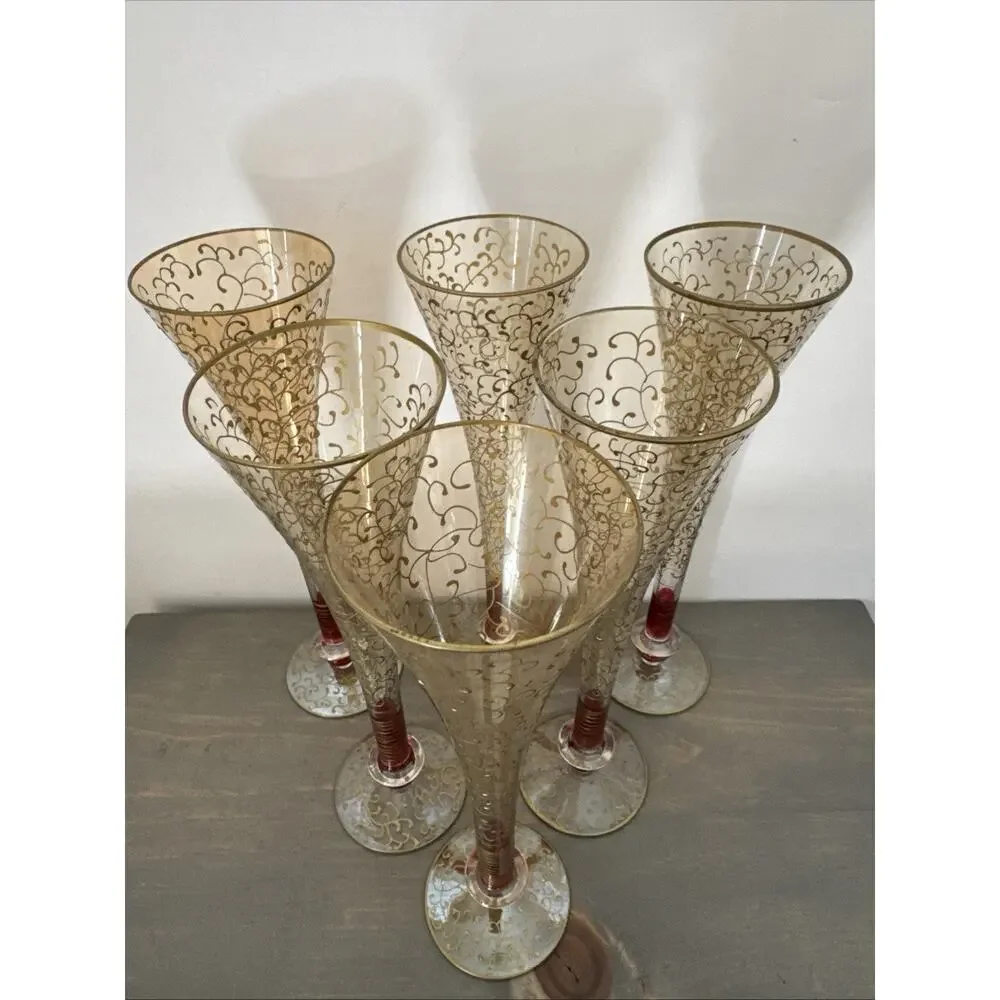 Pier 1 Rioja Hand Blown Champagne Flutes Ruby Red Stem Gold Scroll Set Of 6 Rare